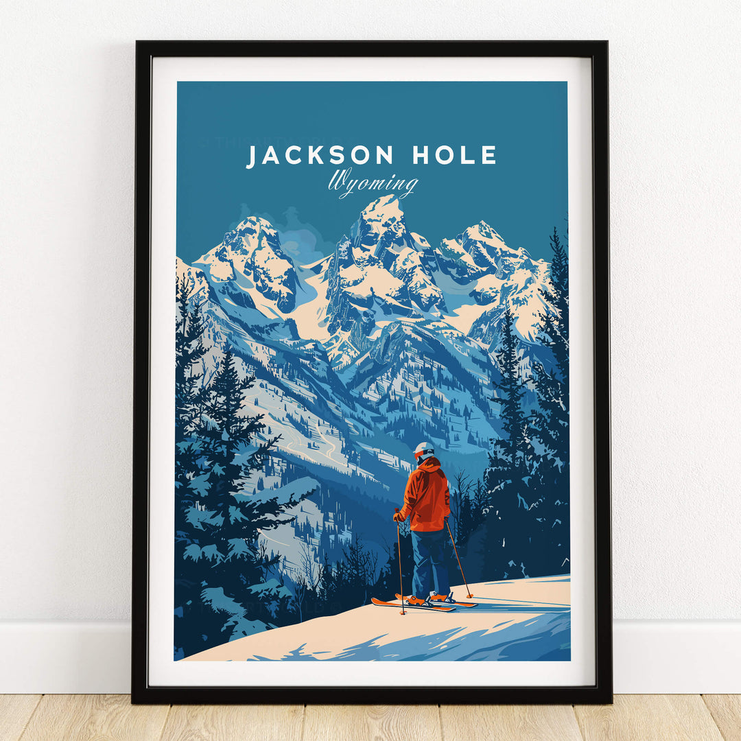 Jackson Hole Ski Poster -  Wyoming featuring a skier against the majestic mountains of Wyoming in vibrant colors.