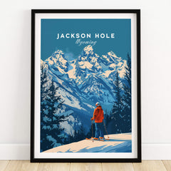 Jackson Hole Ski Poster -  Wyoming featuring a skier against the majestic mountains of Wyoming in vibrant colors.