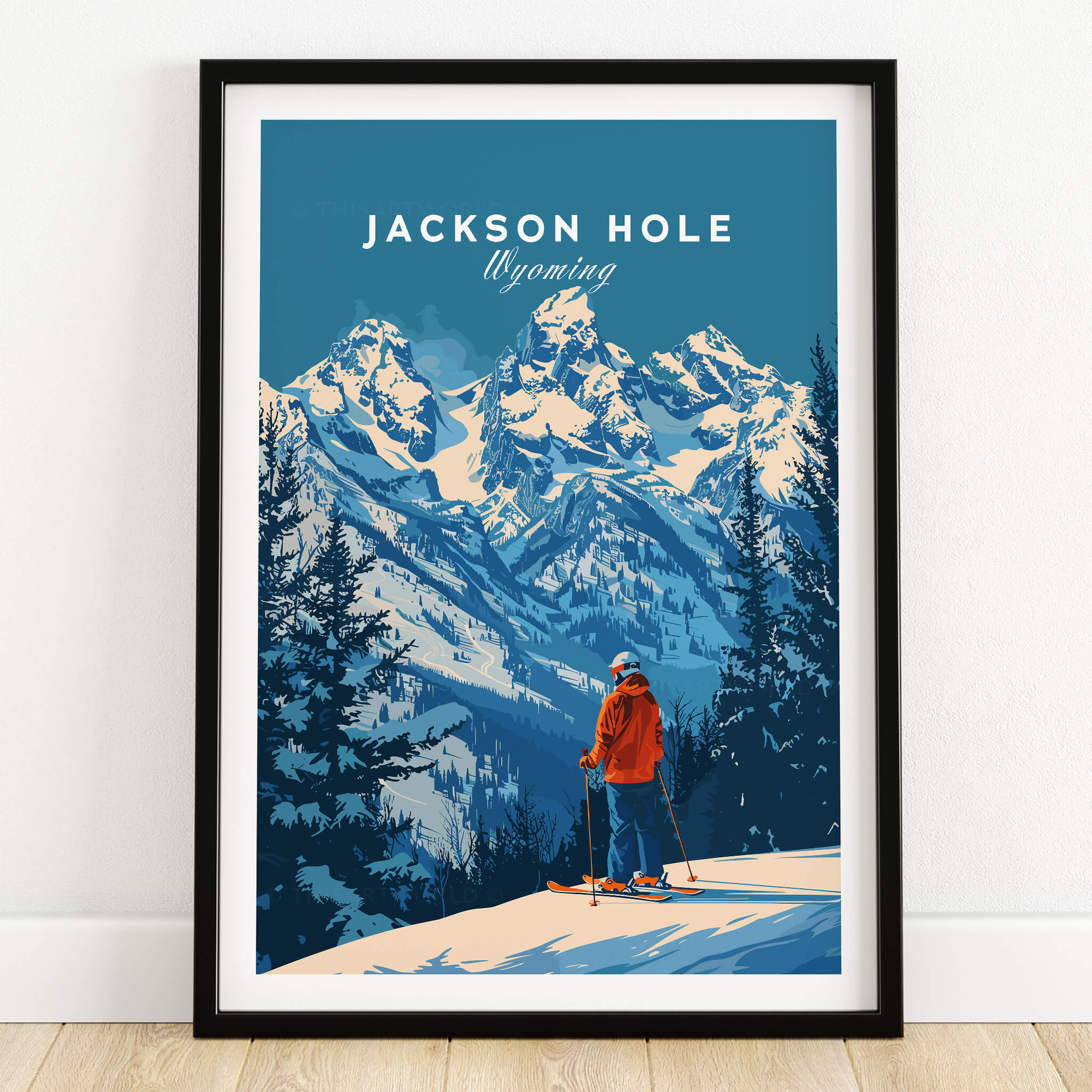 Jackson Hole Ski Poster -  Wyoming featuring a skier against the majestic mountains of Wyoming in vibrant colors.