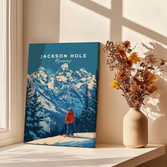 Jackson Hole Ski Poster -  Wyoming displayed in a sunny room with a vase of flowers.