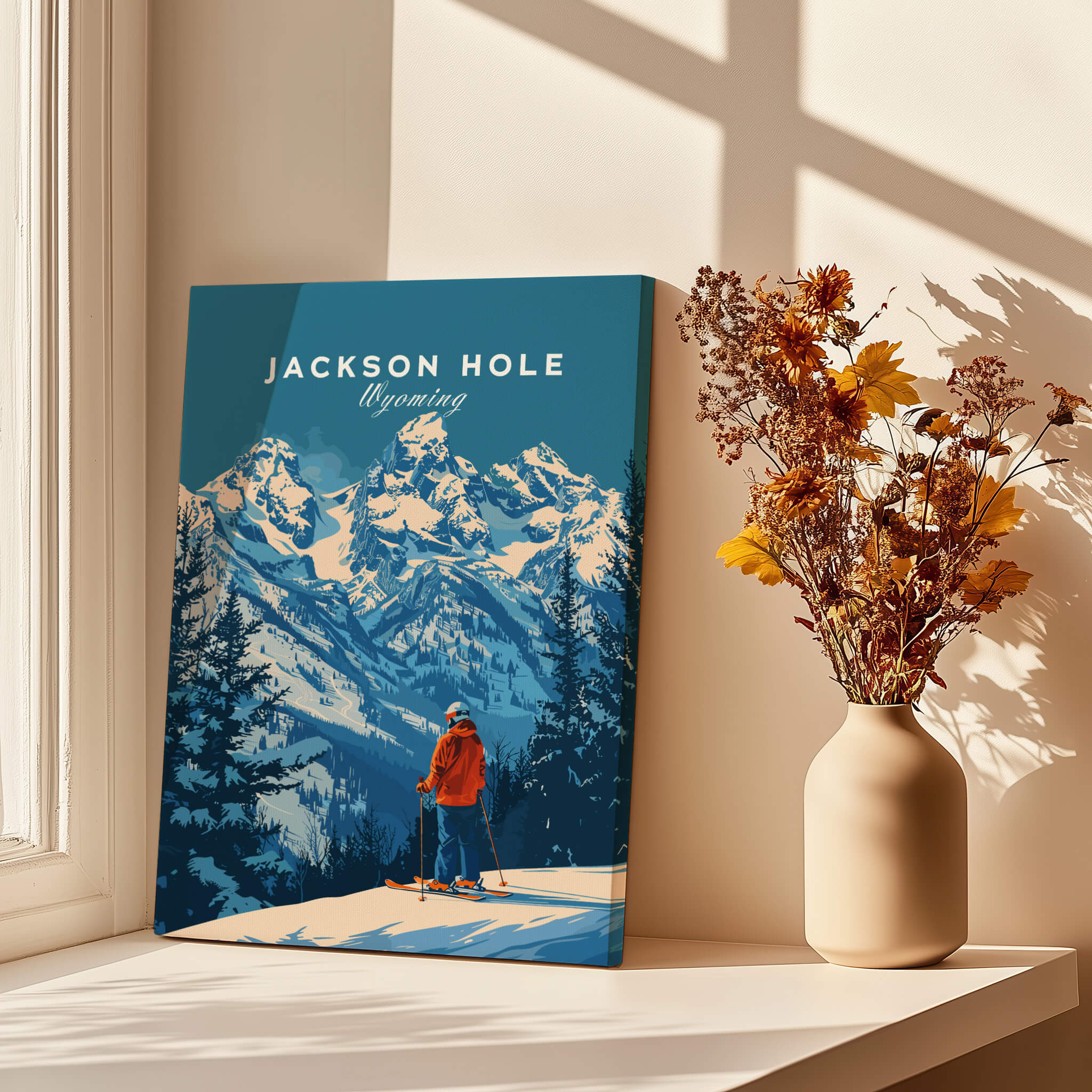 Jackson Hole Ski Poster -  Wyoming displayed in a sunny room with a vase of flowers.