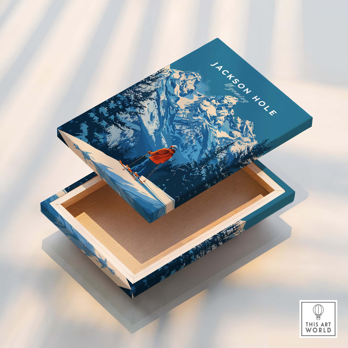 Jackson Hole Ski Poster -  Wyoming wooden box featuring scenic mountain artwork and vibrant colors.