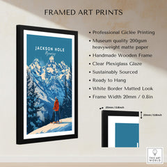 Jackson Hole Ski Poster -  Wyoming framed art print with mountain scenery and skier.