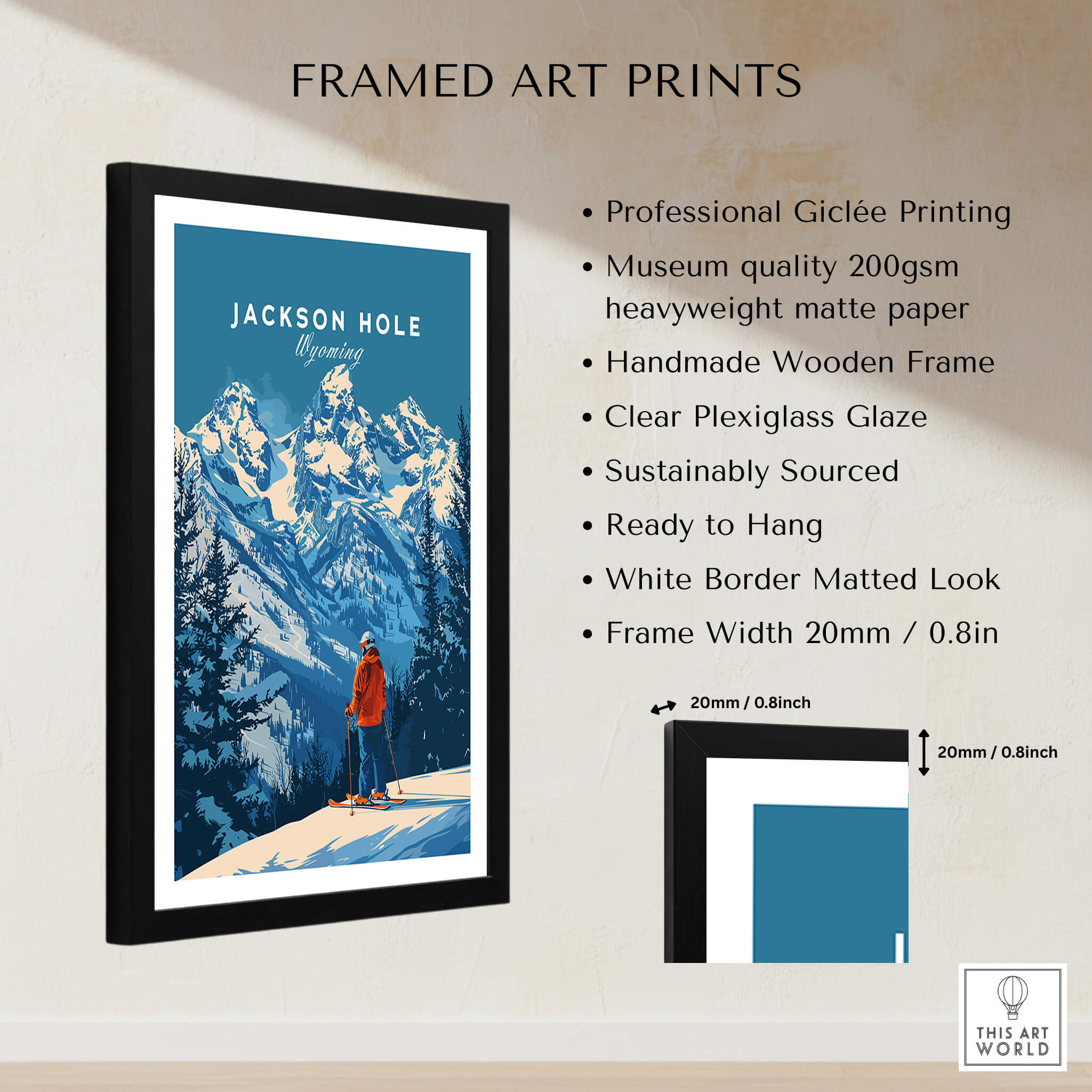 Jackson Hole Ski Poster -  Wyoming framed art print with mountain scenery and skier.