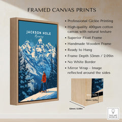 Jackson Hole Ski Poster - Wyoming framed canvas print featuring stunning mountain scenery and a skier.