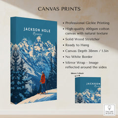 Jackson Hole Ski Poster - Wyoming displayed on a canvas print, featuring stunning mountain scenery and ready to hang.