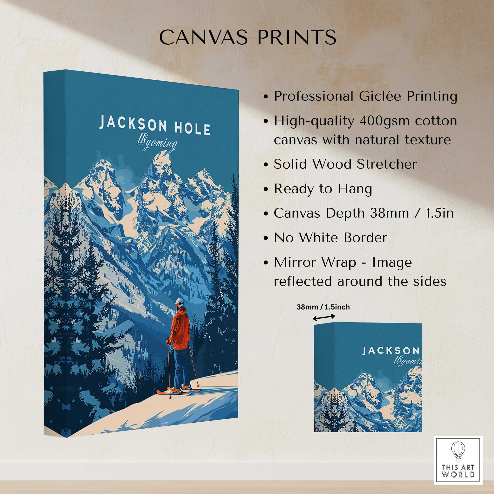 Jackson Hole Ski Poster - Wyoming displayed on a canvas print, featuring stunning mountain scenery and ready to hang.