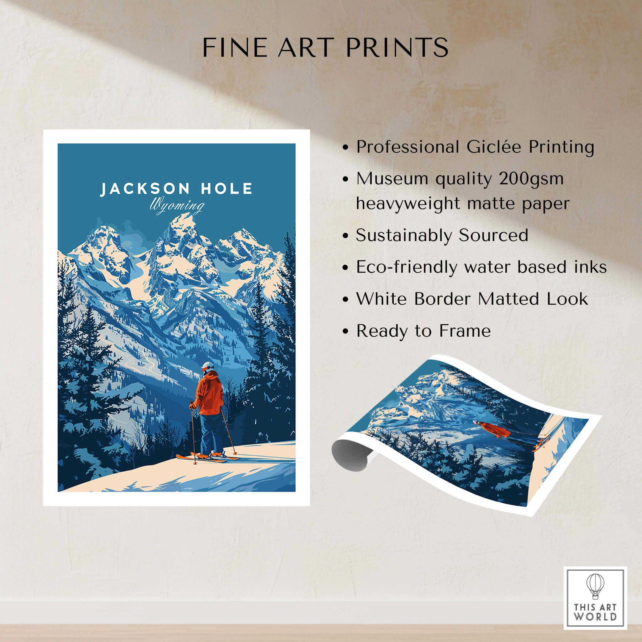Jackson Hole Ski Poster - Wyoming showcasing stunning mountain scenery and skiing adventure art.