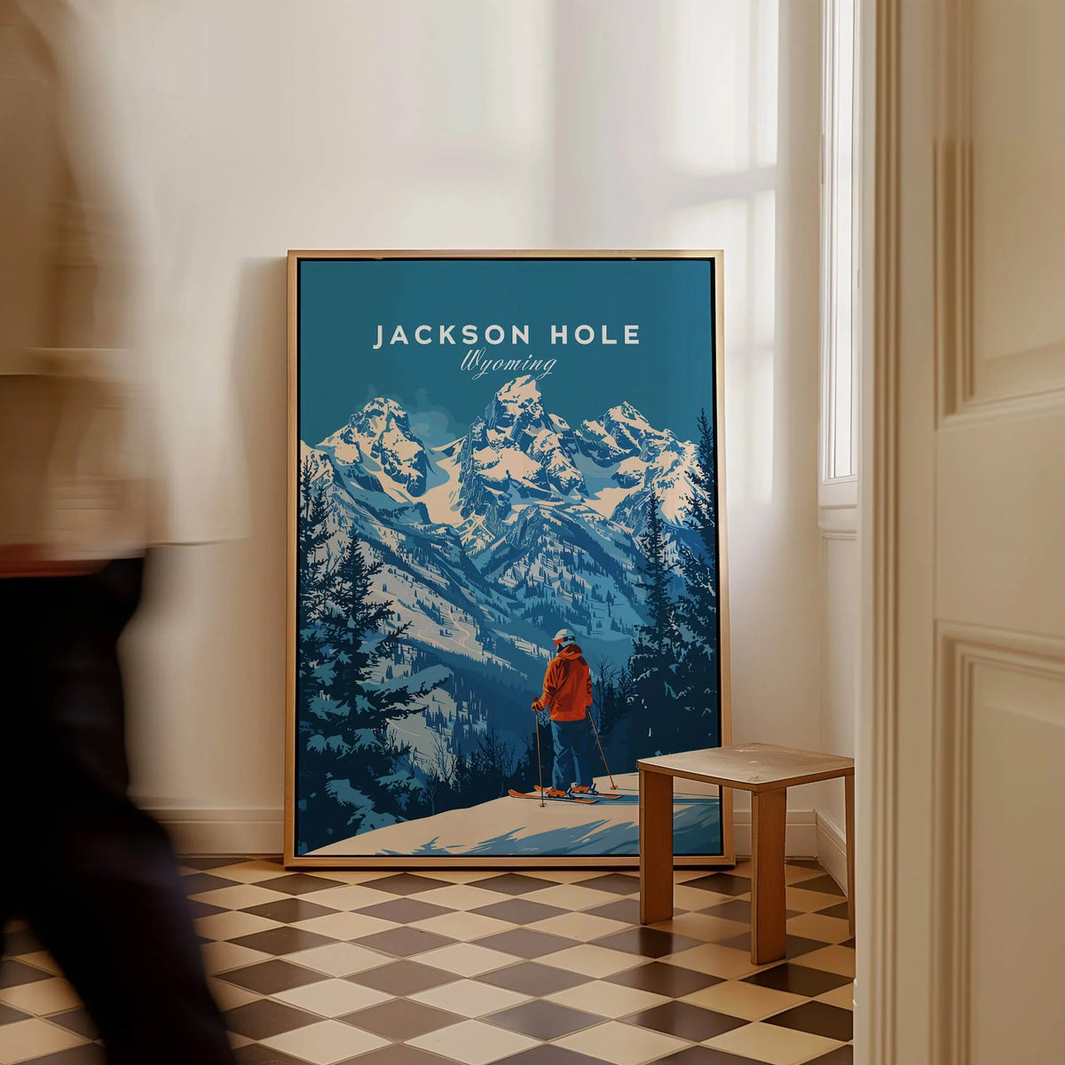 Jackson Hole Ski Poster - Wyoming displayed in a chic interior with stunning mountain scenery.