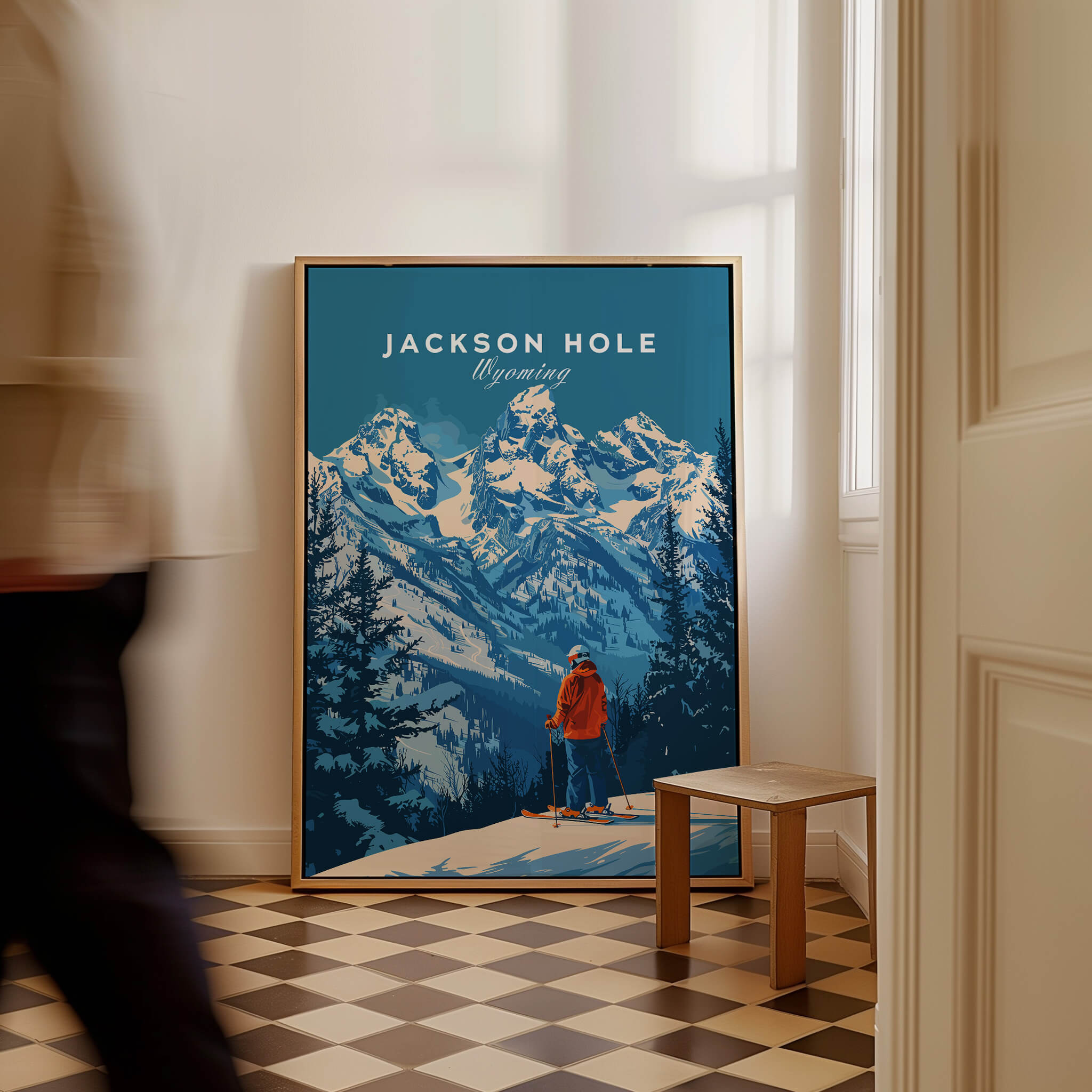 Jackson Hole Ski Poster - Wyoming displayed in a chic interior with stunning mountain scenery.