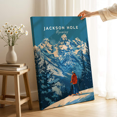 Jackson Hole Ski Poster - Wyoming showcasing a skier overlooking stunning mountains in a beautiful setting.