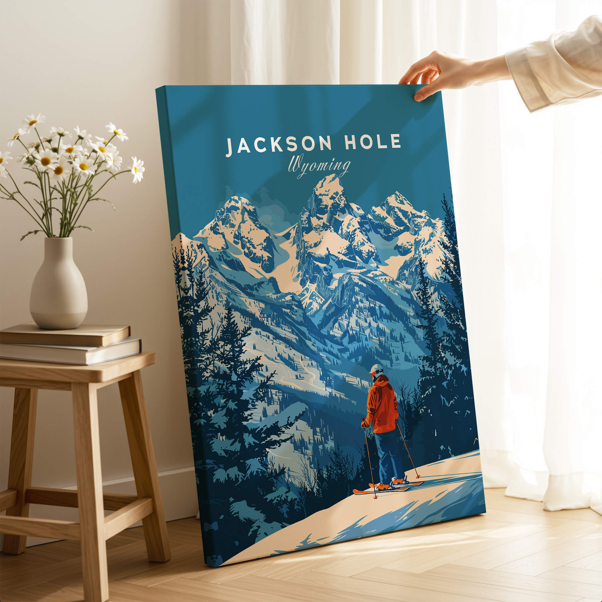 Jackson Hole Ski Poster - Wyoming showcasing a skier overlooking stunning mountains in a beautiful setting.