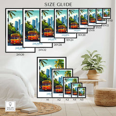 Jakarta Cityscape Wall Art | Indonesia Travel Poster Print size guide with various frame dimensions and vibrant cityscape imagery.