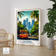 Jakarta Cityscape Wall Art | Indonesia Travel Poster Print showcasing a vibrant street scene with lush trees and iconic buses.