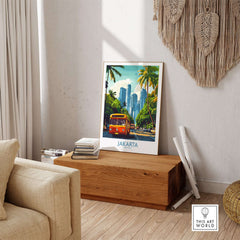 Jakarta Cityscape Wall Art | Indonesia Travel Poster Print featuring vibrant street scene and iconic Indonesian bus.