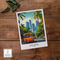 Jakarta Cityscape Wall Art | Indonesia Travel Poster Print showcasing a vibrant bus amidst Jakarta's skyline.