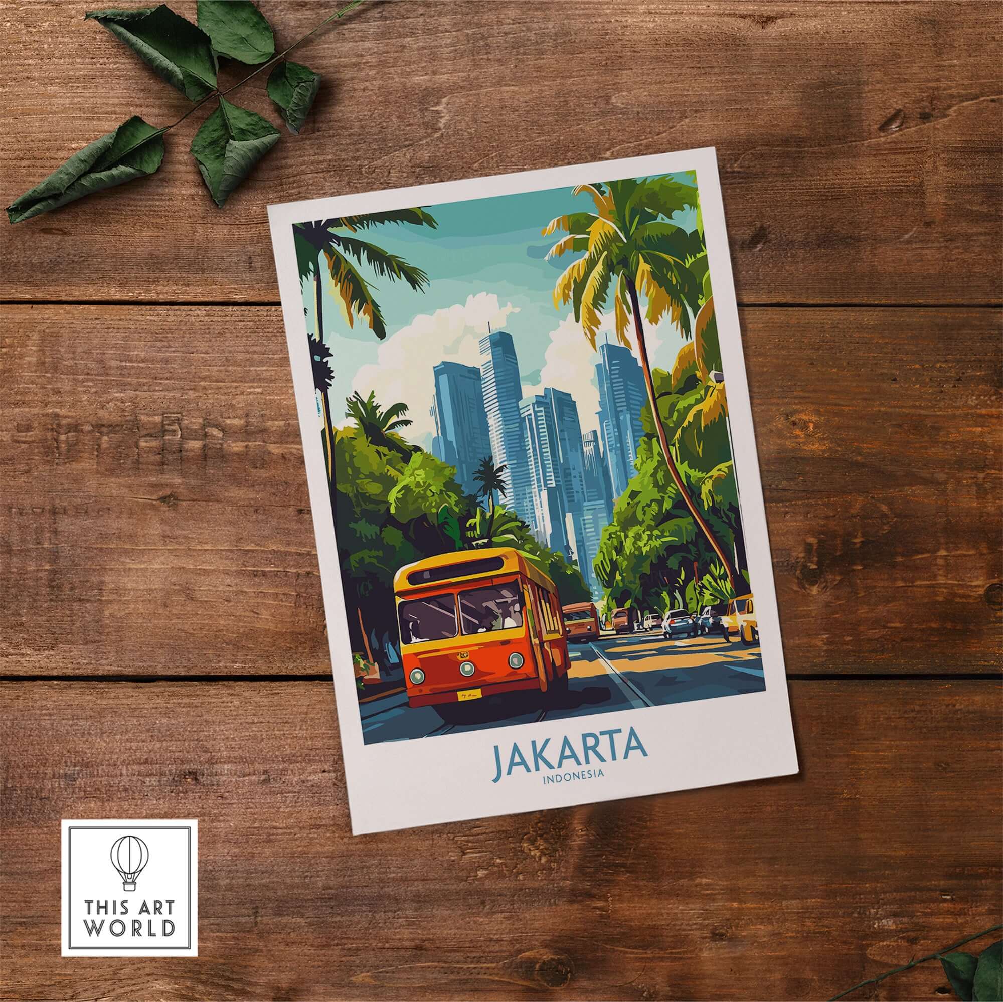 Jakarta Cityscape Wall Art | Indonesia Travel Poster Print showcasing a vibrant bus amidst Jakarta's skyline.