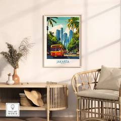 Jakarta Cityscape Wall Art | Indonesia Travel Poster Print featuring a vibrant street scene with iconic buses.