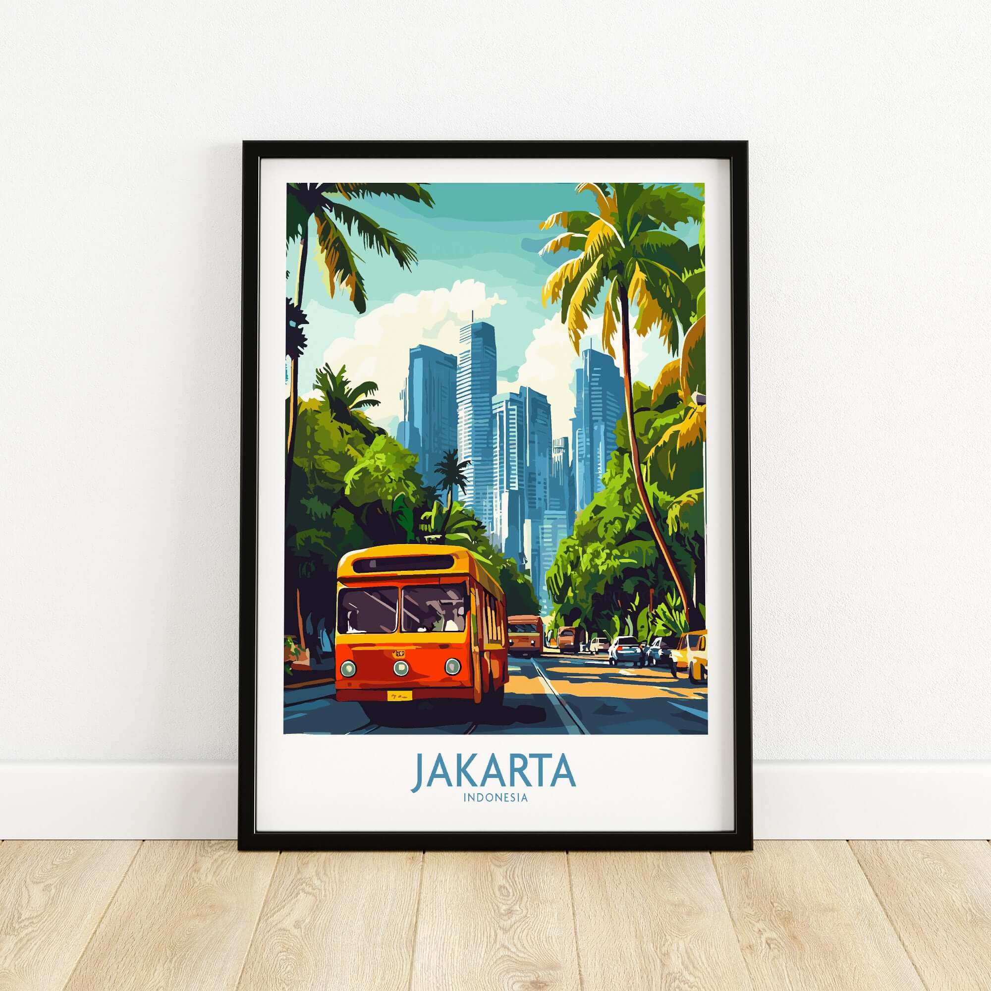Jakarta Cityscape Wall Art | Indonesia Travel Poster Print featuring a vibrant street scene and iconic Indonesian bus.