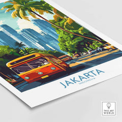 Jakarta Cityscape Wall Art | Indonesia Travel Poster Print featuring a vibrant street scene and iconic buses.