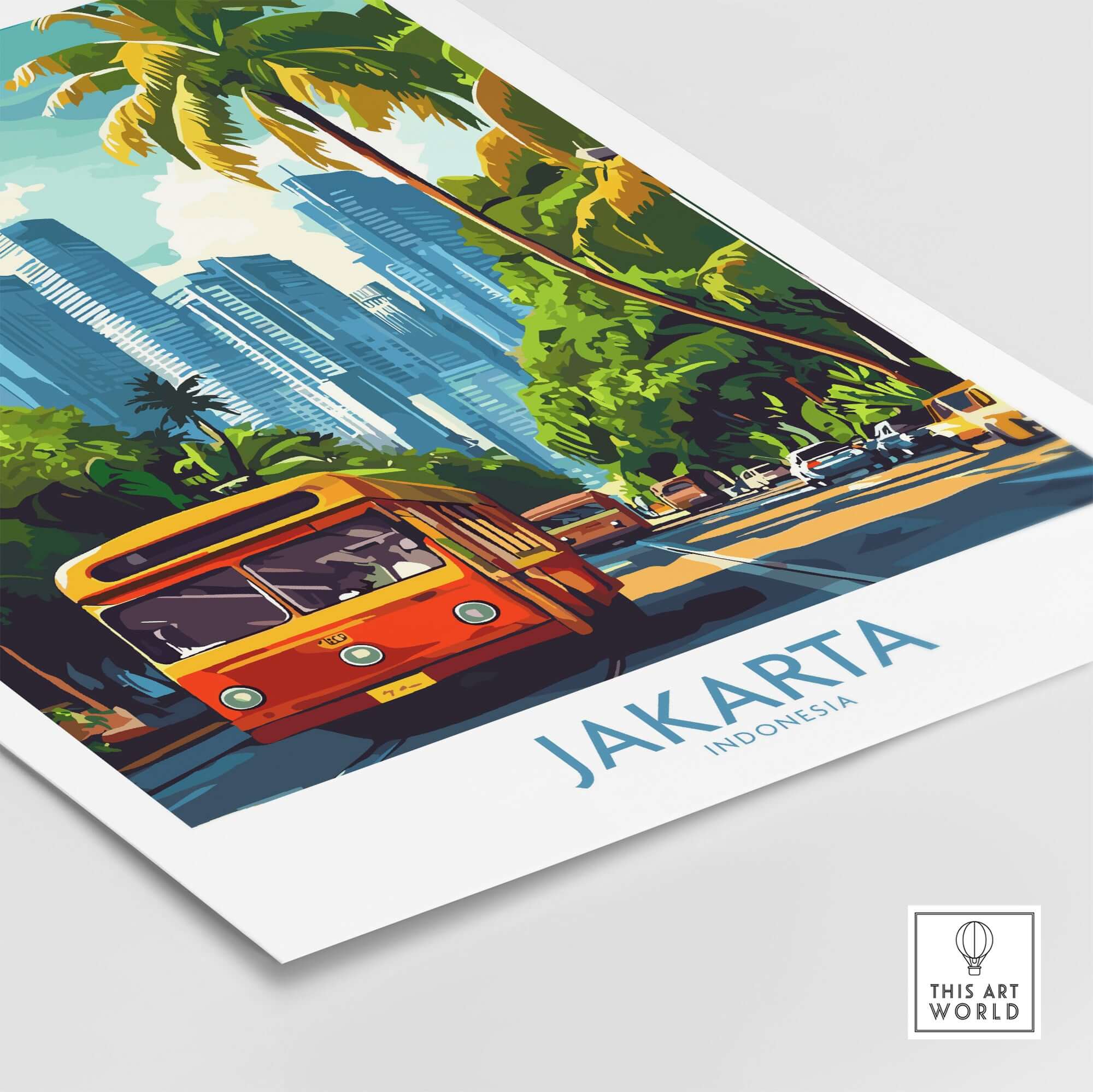 Jakarta Cityscape Wall Art | Indonesia Travel Poster Print featuring a vibrant street scene and iconic buses.