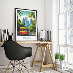 Jakarta Cityscape Wall Art | Indonesia Travel Poster Print displayed in a modern workspace featuring iconic Jakarta scenery.