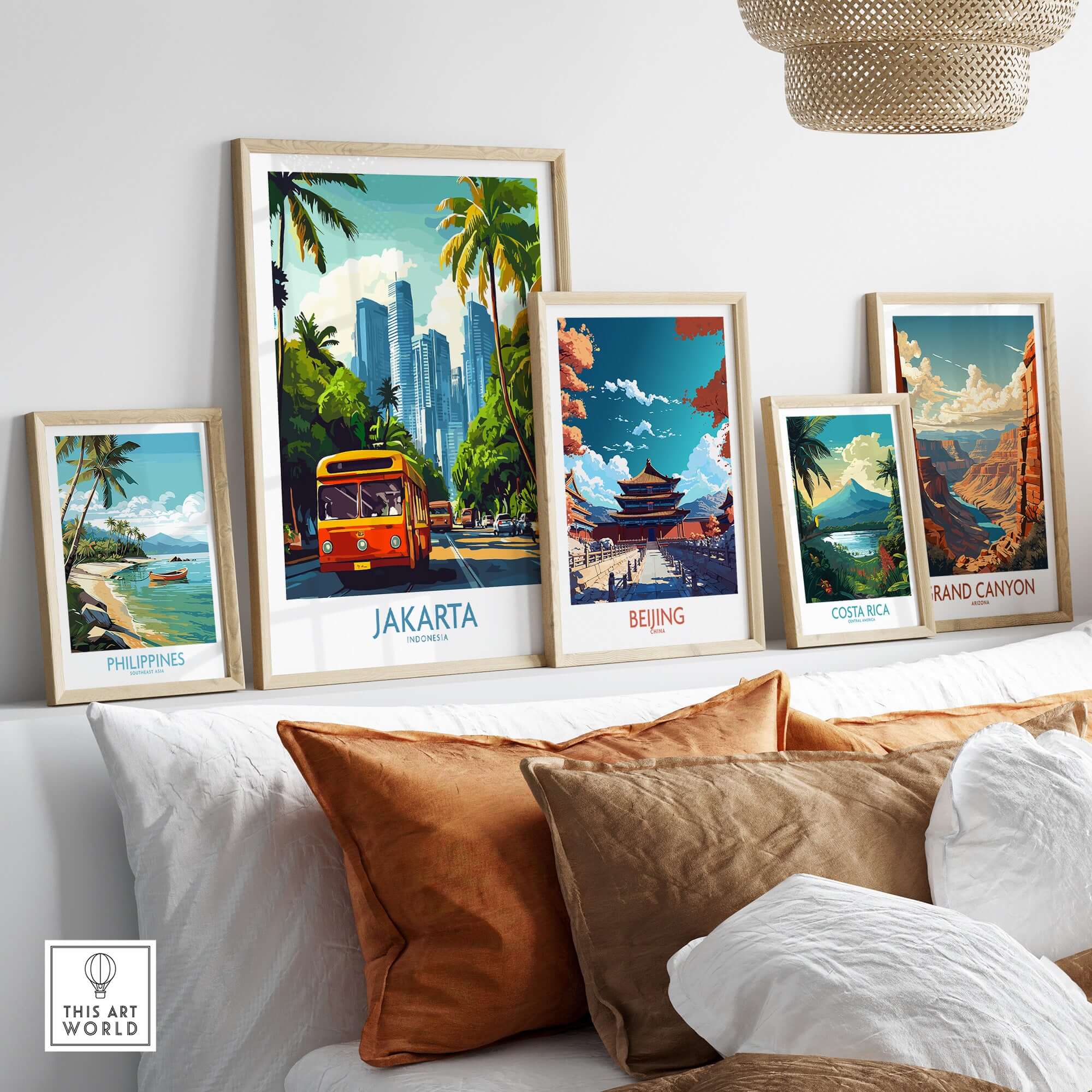 Jakarta Cityscape Wall Art | Indonesia Travel Poster Print featuring vibrant urban skyline and iconic buses