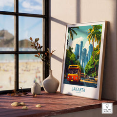 Jakarta Cityscape Wall Art | Indonesia Travel Poster Print displayed on a wooden table with a scenic backdrop.