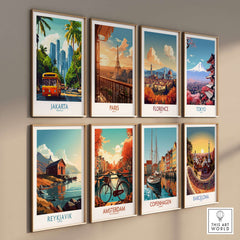 Jakarta Cityscape Wall Art | Indonesia Travel Poster Print showcased among other city travel posters.
