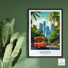 Jakarta Cityscape Wall Art | Indonesia Travel Poster Print featuring vibrant Jakarta skyline and iconic Indonesian bus.