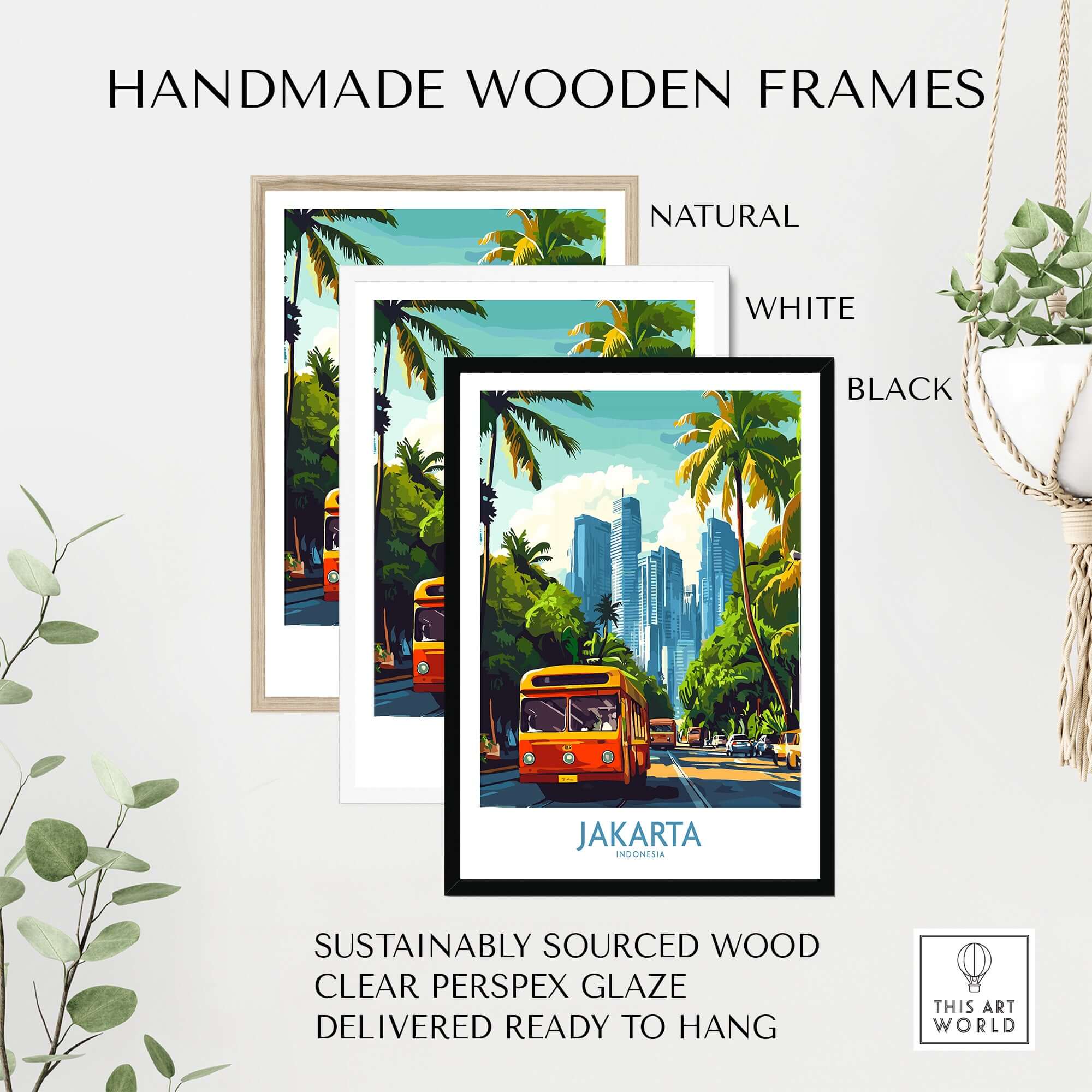 Jakarta Cityscape Wall Art | Indonesia Travel Poster Print in handmade wooden frames in natural, white, and black options.