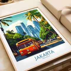 Jakarta Cityscape Wall Art | Indonesia Travel Poster Print featuring a vibrant street scene with iconic buses and skyscrapers.