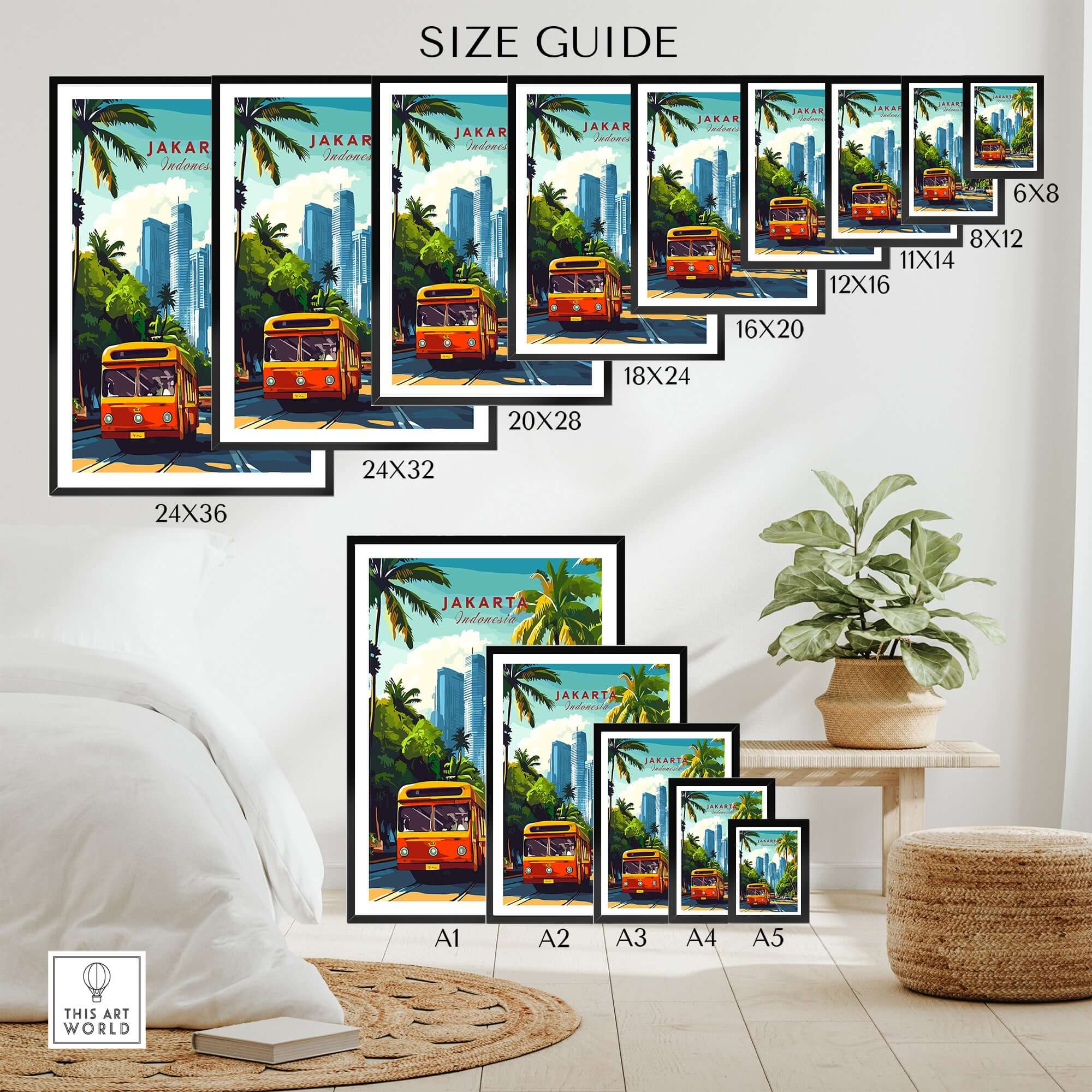 Jakarta Indonesia Poster Print | Tropical City Wall Art size guide with framed poster options displayed on a stylish home setting.