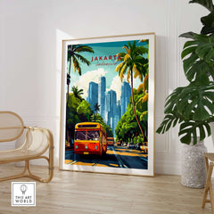 Jakarta Indonesia Poster Print | Tropical City Wall Art featuring vibrant bus and skyscrapers in lush setting