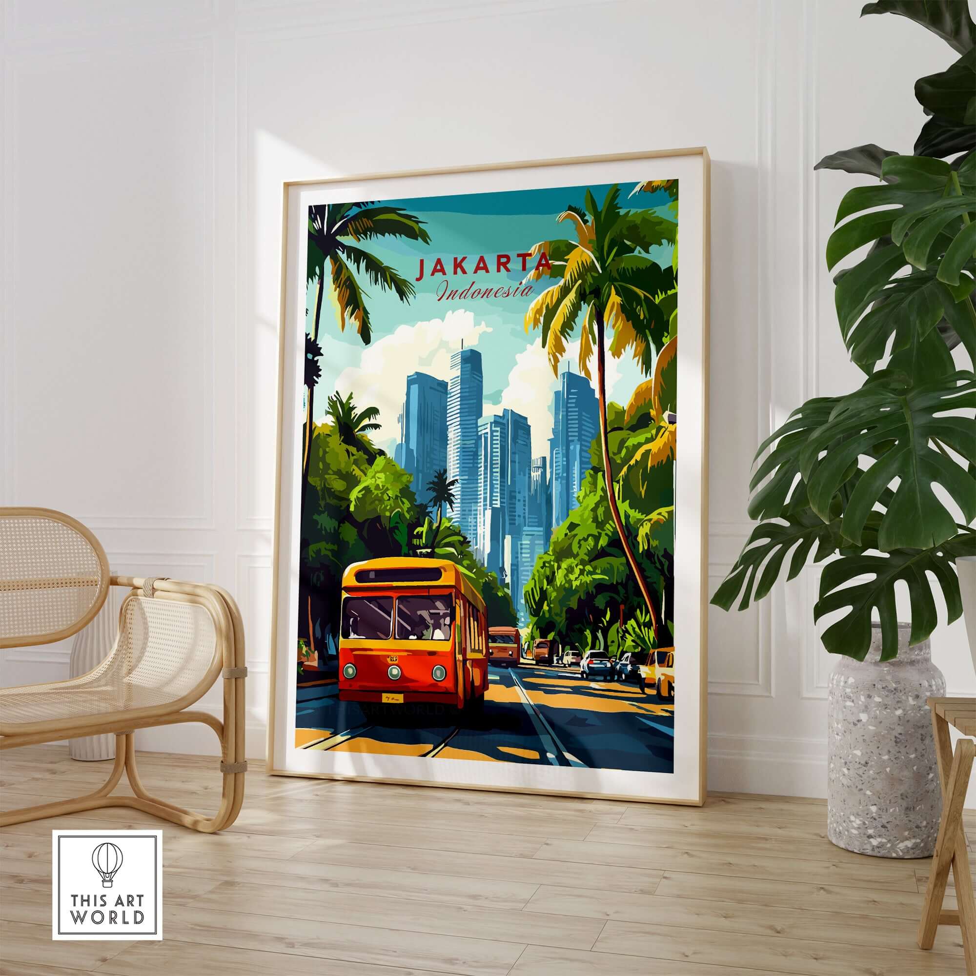 Jakarta Indonesia Poster Print | Tropical City Wall Art featuring vibrant bus and skyscrapers in lush setting