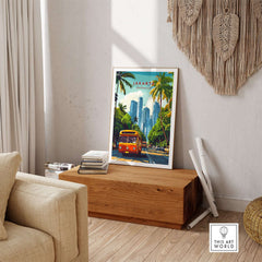 Jakarta Indonesia Poster Print | Tropical City Wall Art featuring a classic bus and modern skyscrapers.