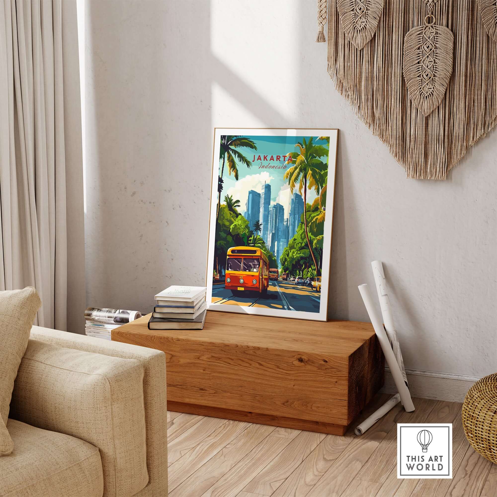 Jakarta Indonesia Poster Print | Tropical City Wall Art featuring a classic bus and modern skyscrapers.