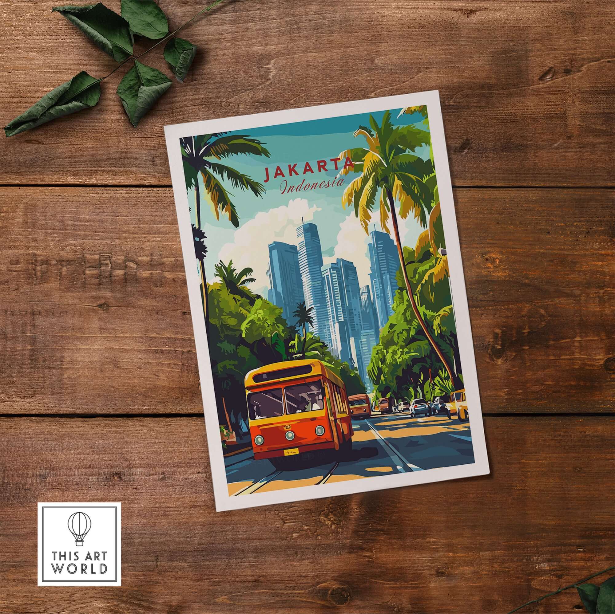 Jakarta Indonesia Poster Print | Tropical City Wall Art featuring a classic bus and modern skyscrapers amidst tropical palm trees.