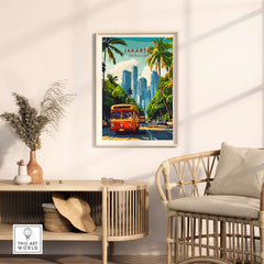 Jakarta Indonesia Poster Print | Tropical City Wall Art showcasing a classic bus and skyscrapers in a vibrant setting.