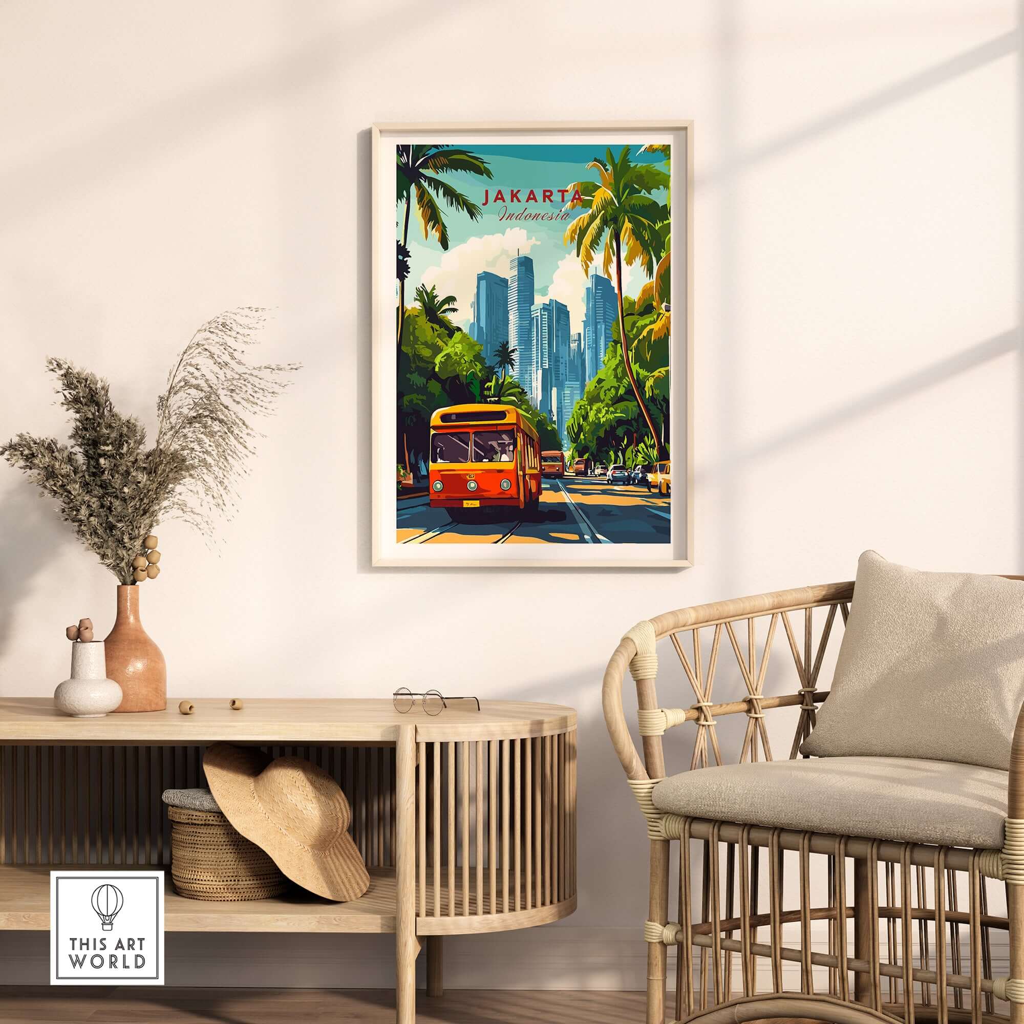 Jakarta Indonesia Poster Print | Tropical City Wall Art showcasing a classic bus and skyscrapers in a vibrant setting.
