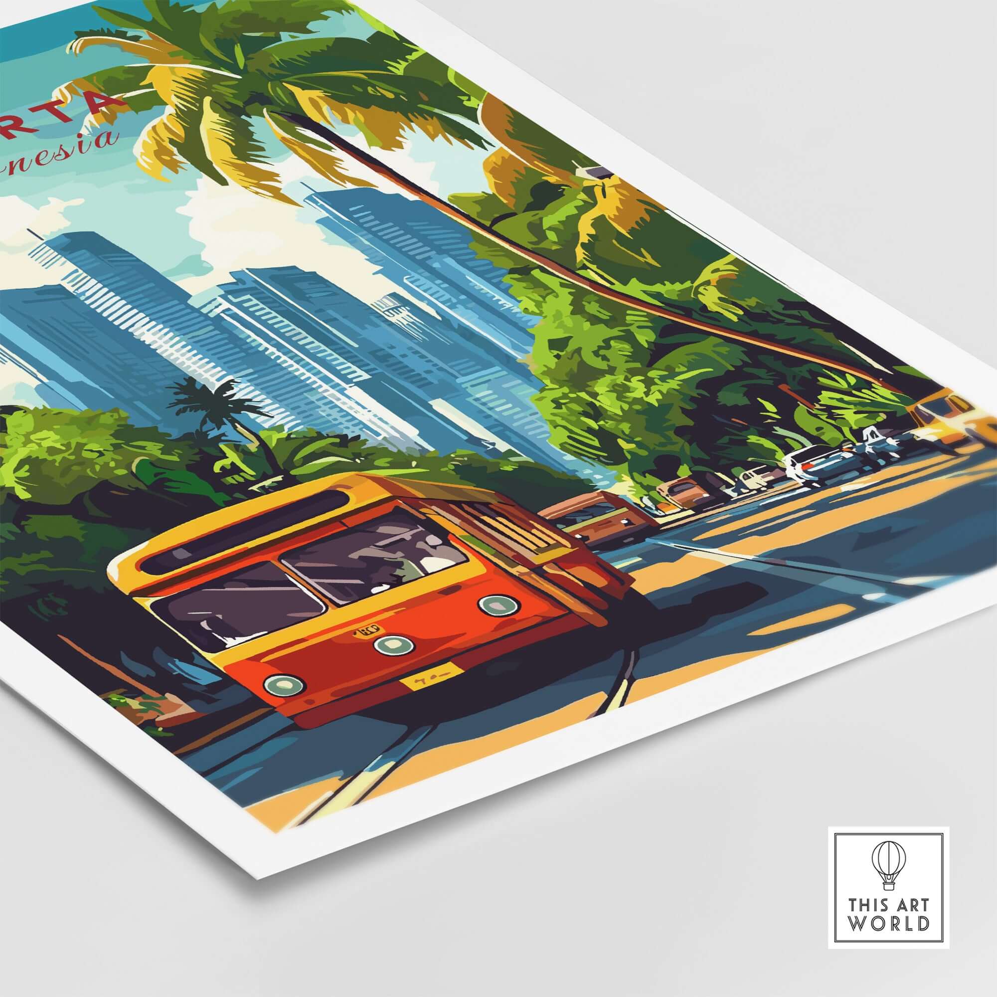 Jakarta Indonesia Poster Print | Tropical City Wall Art featuring a vibrant bus and modern skyscrapers with palm trees.