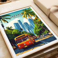 Jakarta Indonesia Poster Print | Tropical City Wall Art featuring a classic bus, skyscrapers, and palm trees.
