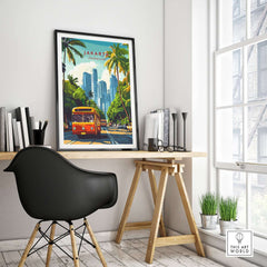 Jakarta Indonesia Poster Print | Tropical City Wall Art featuring tropical palm trees and a classic bus in an urban setting.