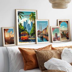 Jakarta Indonesia Poster Print | Tropical City Wall Art displayed among other city posters on a stylish wall.