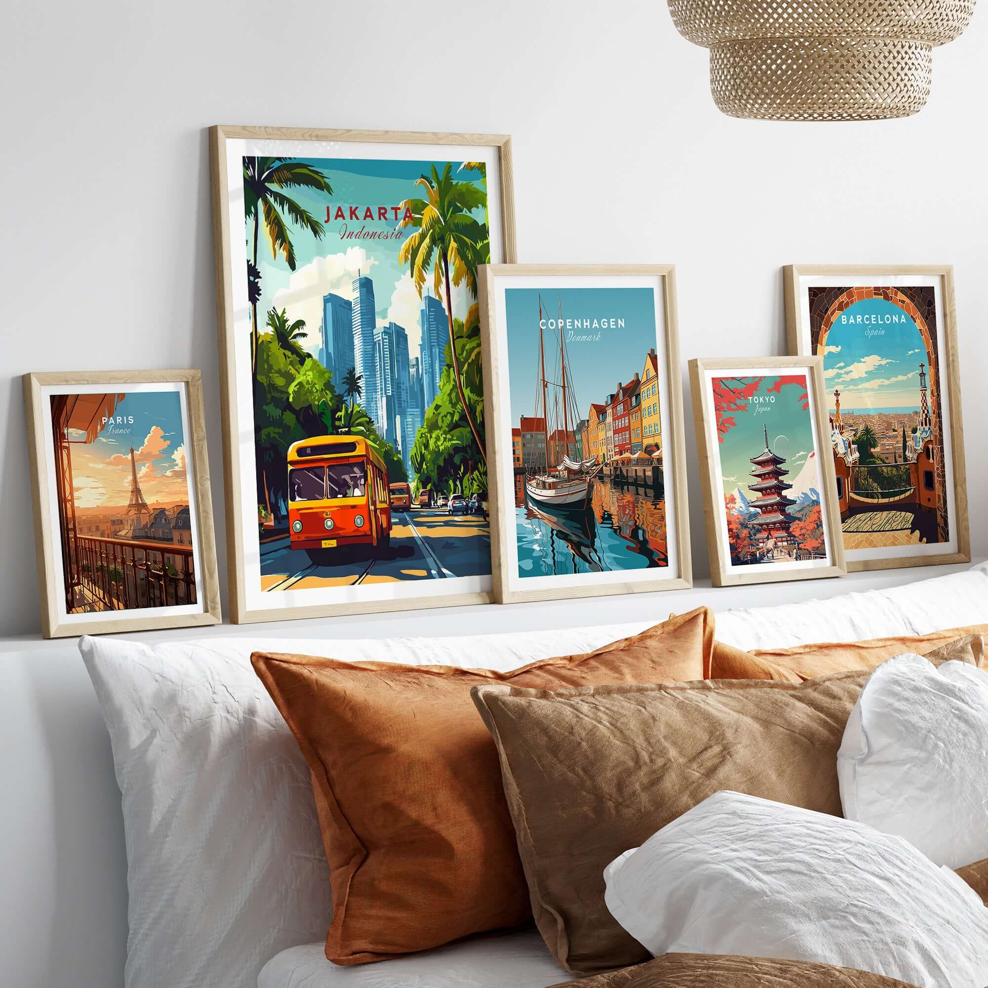 Jakarta Indonesia Poster Print | Tropical City Wall Art displayed among other city posters on a stylish wall.