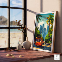 Jakarta Indonesia Poster Print | Tropical City Wall Art showcasing a vibrant poster with an Indonesian bus and skyscrapers.
