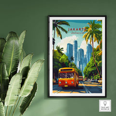 Jakarta Indonesia Poster Print | Tropical City Wall Art featuring a classic bus, skyscrapers, and palm trees.