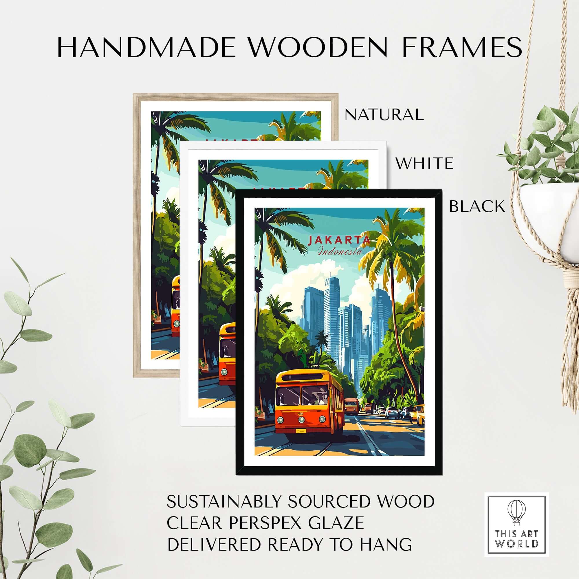 Jakarta Indonesia Poster Print | Tropical City Wall Art displayed in handmade wooden frames in natural, white, and black colors.