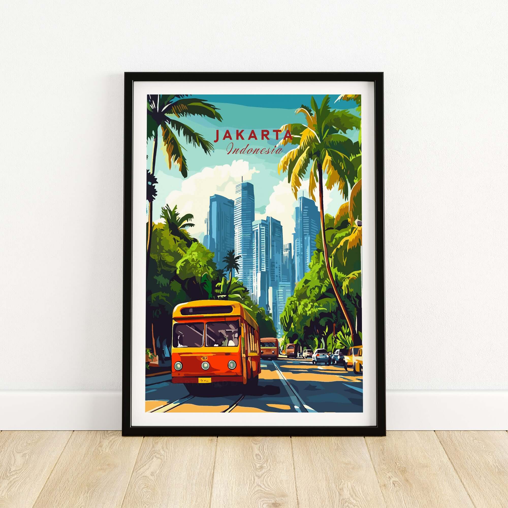 Jakarta Indonesia Poster Print | Tropical City Wall Art featuring a vibrant Indonesian bus and modern skyscrapers.