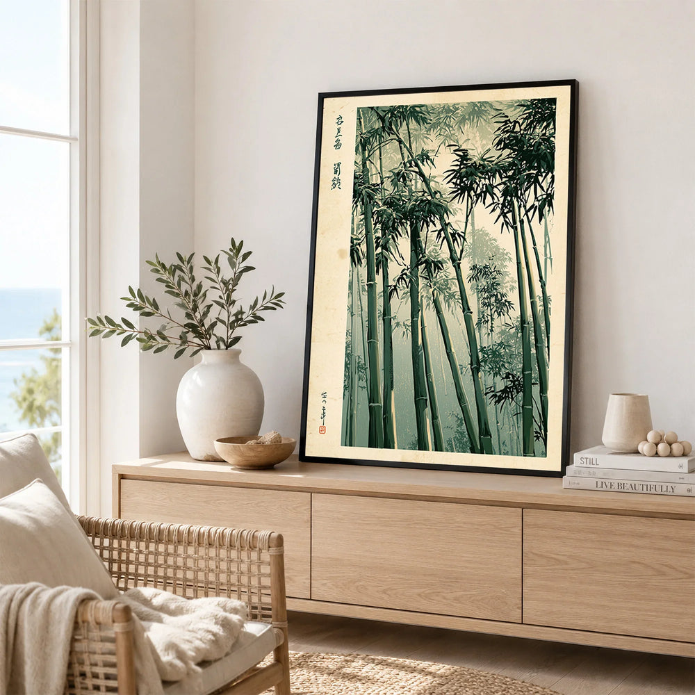 Japanese Bamboo Forest Art Print – Vintage Botanical Wall Art — framed artwork living room lifestyle setting